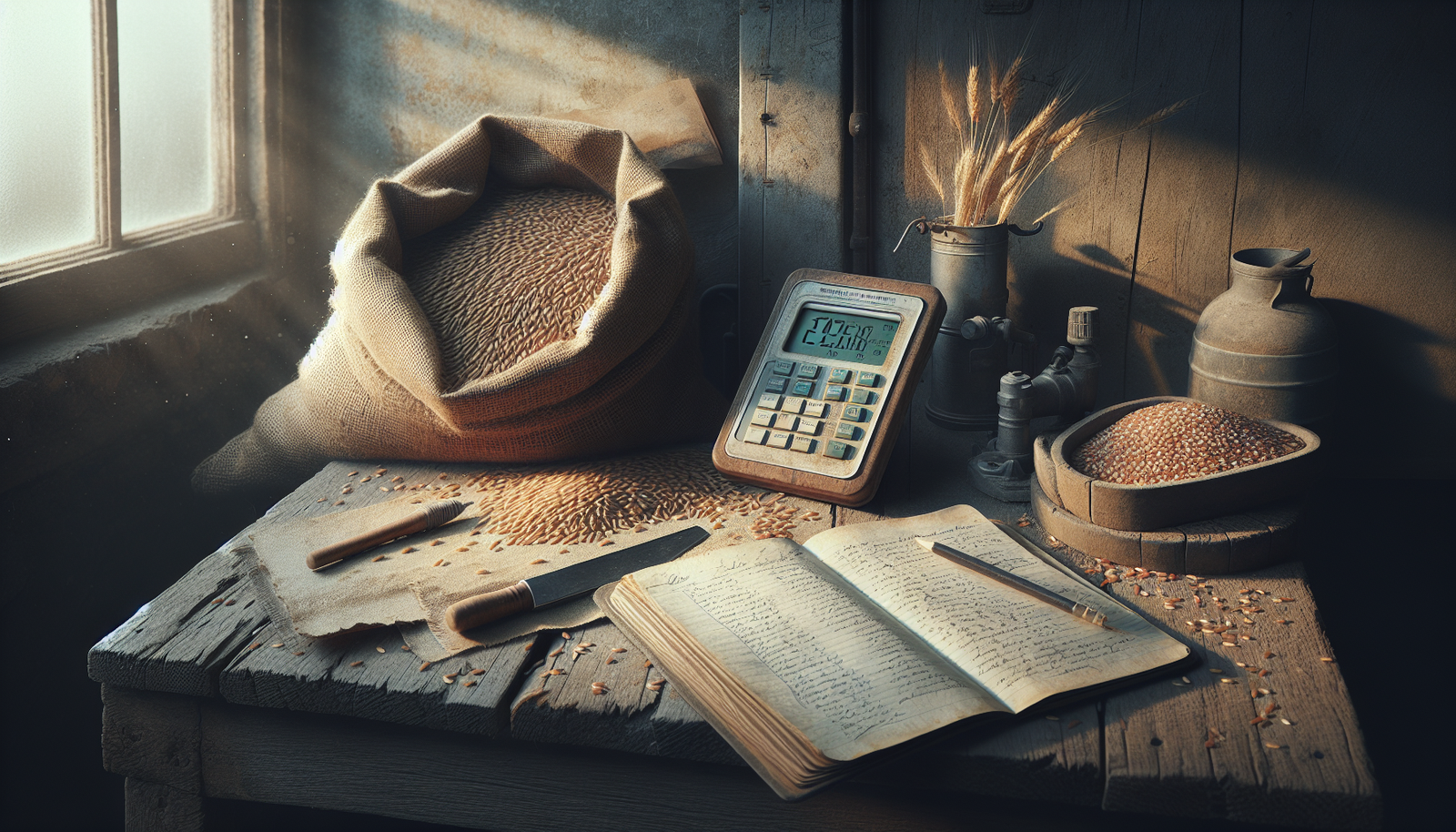 Professional digital moisture meter measuring grain on a burlap sack in an agricultural shed, with a notebook detailing moisture levels for optimizing product marketing.