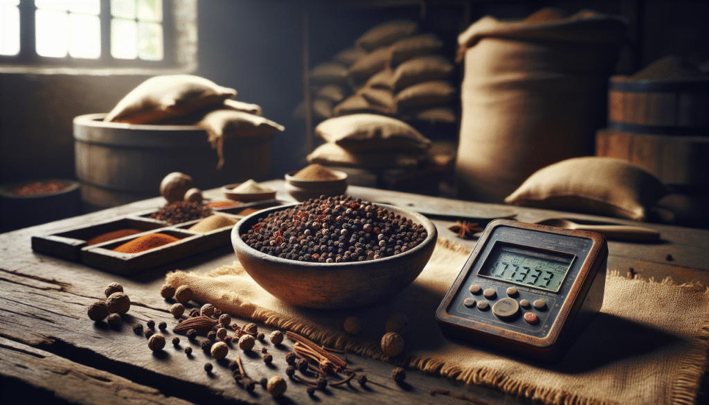 Moisture meter next to spices in a bowl, highlighting the importance of **kadar air** for spice and kopra quality.