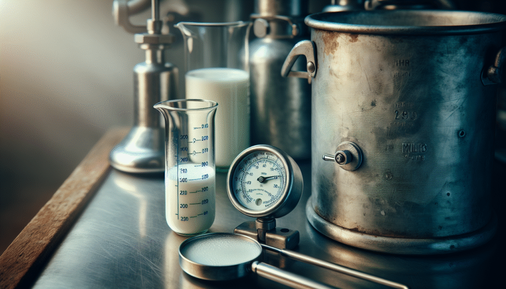 Hydrometer di samping gelas berisi susu di meja kerja, mengukur kadar air susu untuk kualitas.