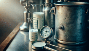 Hydrometer di samping gelas berisi susu di meja kerja, mengukur kadar air susu untuk kualitas.