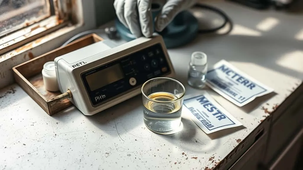Worn digital pH meter on weathered lab bench with buffer solution, calibration packets, and gloved hands adjusting knobs in soft natural light