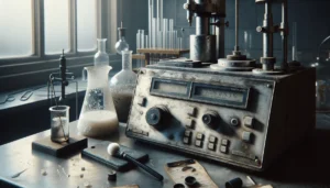 Digital viscometer measuring thick calcium carbonate slurry in borosilicate beaker on a worn lab bench with calibration standard and thermometer nearby.