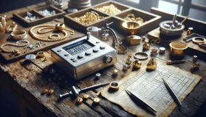 Professional jeweler calibrating a digital viscometer on a wooden workbench surrounded by gold jewelry pieces and calibration weights for accurate audit.