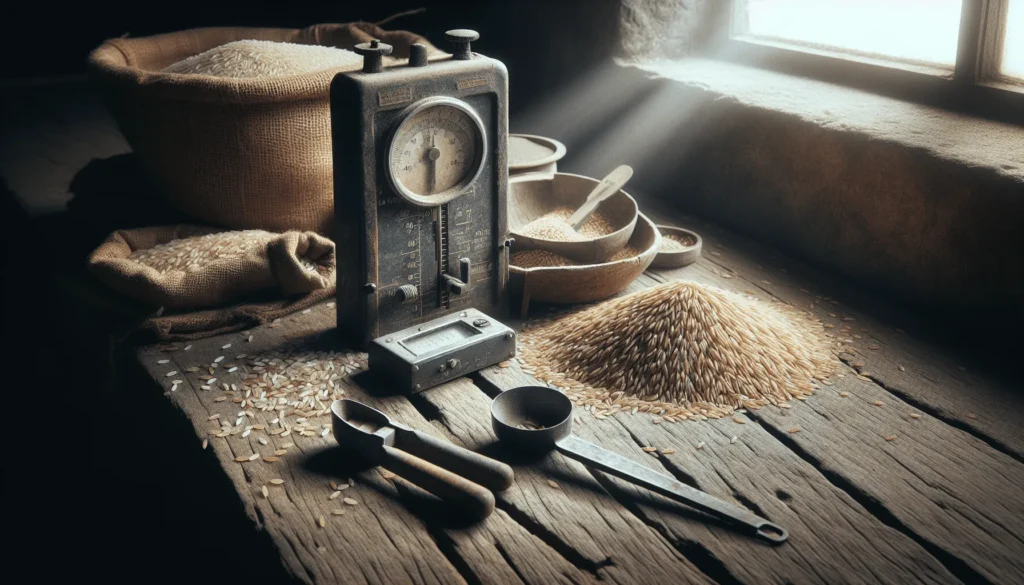 Timbangan beras dengan butiran padi di meja kayu tradisional, mencerminkan kualitas dan harga jual beras.