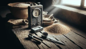 Timbangan beras dengan butiran padi di meja kayu tradisional, mencerminkan kualitas dan harga jual beras.