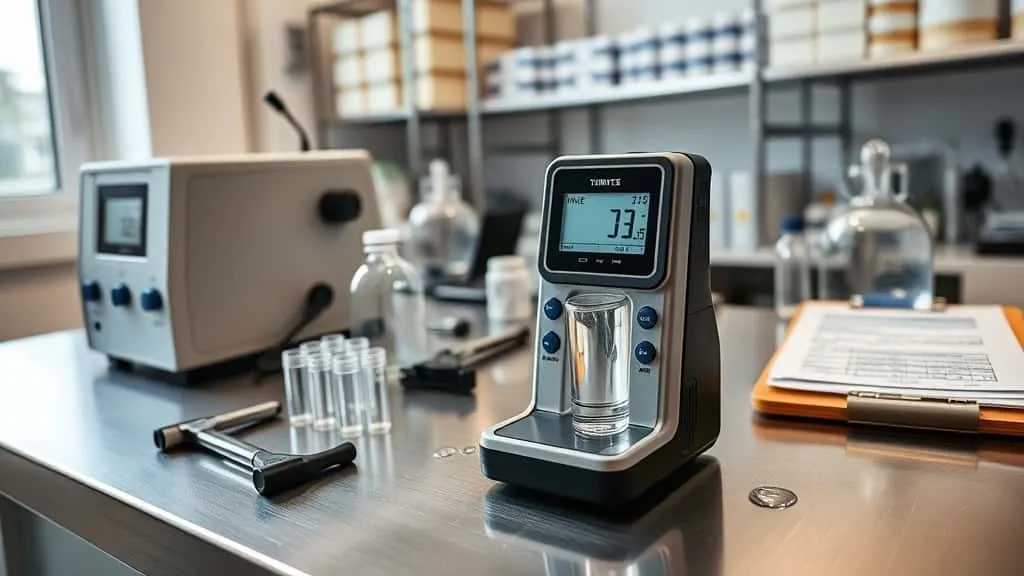 Turbidity meter mengukur kekeruhan air minum AMDK di lab, dilengkapi filter RO untuk deteksi kerusakan filter dan solusi NTU.