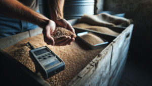 Tangan petani memegang biji-bijian, alat pengukur kelembaban biji, dan lumbung kayu menunjukkan pentingnya kelembaban biji untuk panen.