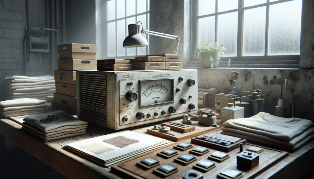 Professional textile conservation workspace in a tropical climate, featuring essential humidity control equipment like a hygrometer and dehumidifier for maintaining optimal moisture levels to ensure fabric longevity.