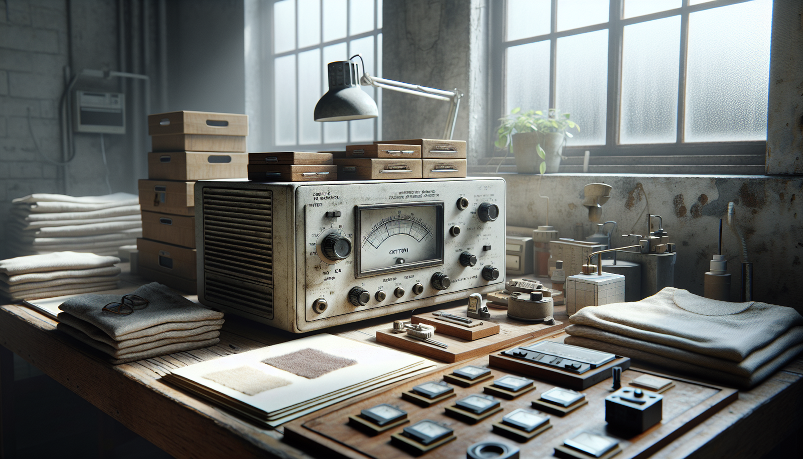 Professional textile conservation workspace in a tropical climate, featuring essential humidity control equipment like a hygrometer and dehumidifier for maintaining optimal moisture levels to ensure fabric longevity.