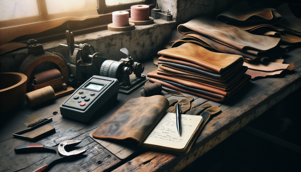 Moisture content meter on a workbench in an authentic Indonesian footwear manufacturing workshop, measuring leather and textile materials.