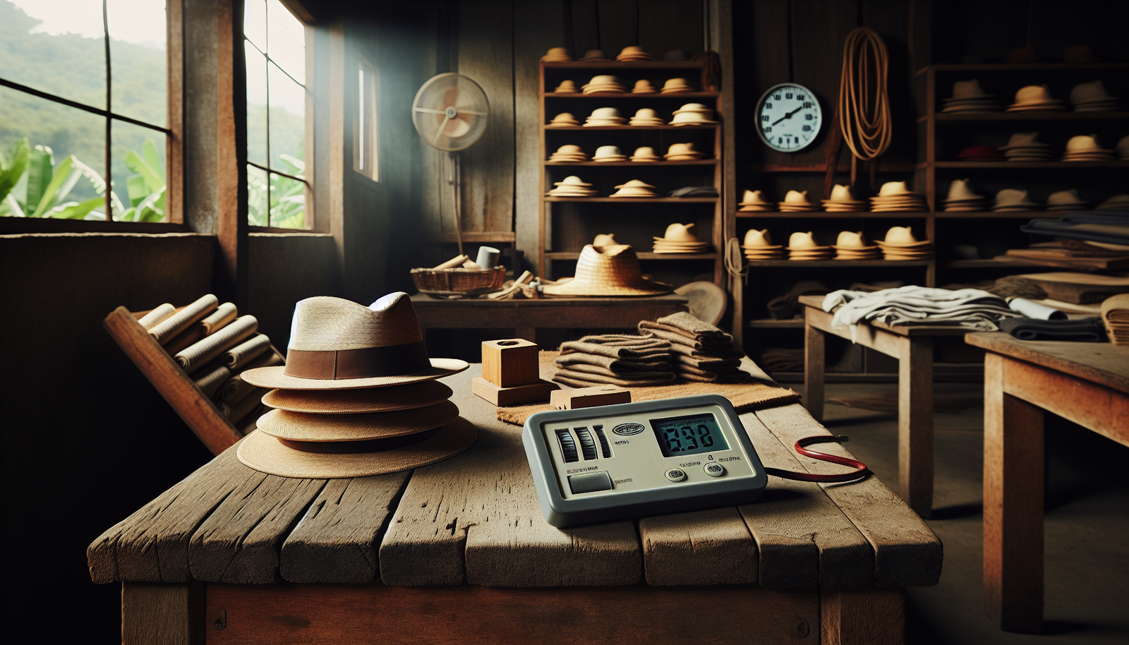 Professional digital moisture meter on natural fiber hats in a tropical hat production workshop, with a hygrometer showing high humidity.