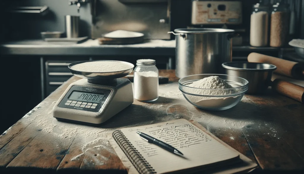 Professional pizza maker using a digital kitchen scale and coarse sea salt for precise flavor control in production.