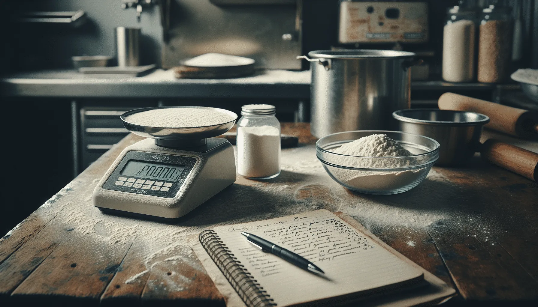 Professional pizza maker using a digital kitchen scale and coarse sea salt for precise flavor control in production.