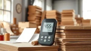 Termohigrometer digital menunjukkan 45% RH di atas kertas karton dan kardus, dengan sampel kain serta label fashion, ilustrasi kontrol kelembaban untuk kualitas produk fashion.