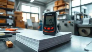 Digital moisture meter measuring paper stack in printing workshop, controlling humidity to reduce production waste. Workbench with utility knife and swatches visible in natural lighting.