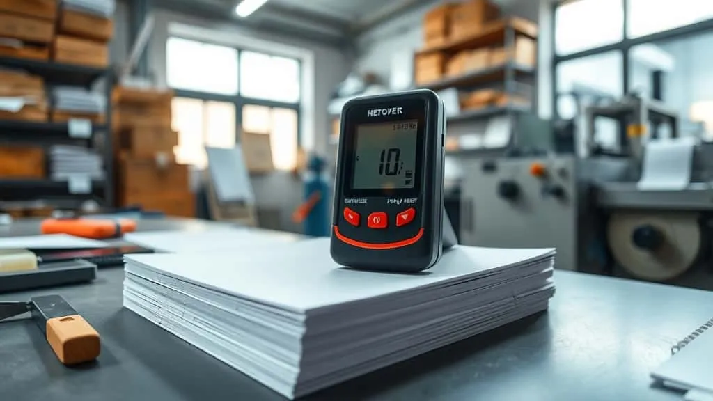Digital moisture meter measuring paper stack in printing workshop, controlling humidity to reduce production waste. Workbench with utility knife and swatches visible in natural lighting.