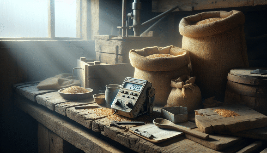 Close-up of moisture meter and grain samples on a rustic workbench for optimal livestock feed humidity control.
