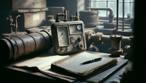 Weathered water treatment technician's workspace with a dissolved oxygen meter and aged steel pipe, illustrating practical steps for corrosion control in PDAM systems.