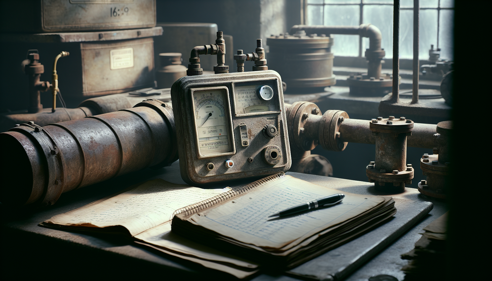 Weathered water treatment technician's workspace with a dissolved oxygen meter and aged steel pipe, illustrating practical steps for corrosion control in PDAM systems.