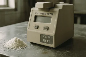 KETT C600 whiteness meter beside rice flour on weathered countertop, illustrating korelasi kecerahan beras untuk optimasi tepung.