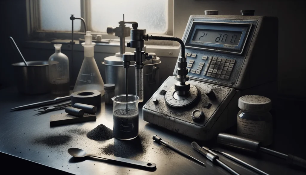 Digital viscometer measuring gritty mineral slurry on worn lab bench, stainless steel spindles and test equipment nearby.