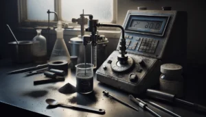 Digital viscometer measuring gritty mineral slurry on worn lab bench, stainless steel spindles and test equipment nearby.