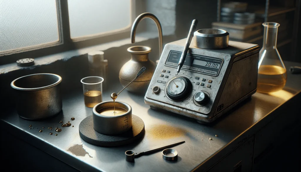 High-precision digital viscometer measuring molten gold on laboratory workbench with ceramic crucible and calibration standard.