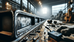 Inspeksi uji NDT dengan detektor ultrasonik pada sambungan las industri untuk meningkatkan kualitas welding.