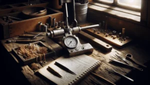 Professional jeweler calibrating a viscosity measuring instrument for gold jewelry on a wooden workbench, demonstrating compliance with ISO 9001:2015 Clause 7.1.5.