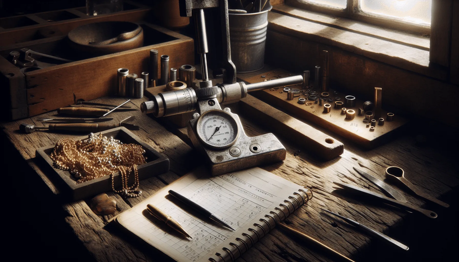 Professional jeweler calibrating a viscosity measuring instrument for gold jewelry on a wooden workbench, demonstrating compliance with ISO 9001:2015 Clause 7.1.5.