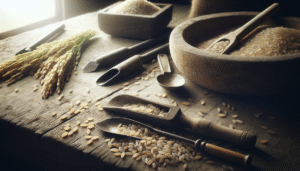 Benih padi berkualitas di atas meja kayu usang dengan alat pertanian sederhana, menyoroti pentingnya kadar air.