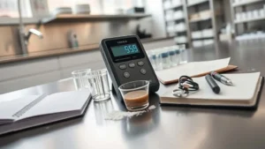 Water activity meter testing processed food sample in quality control lab, digital reading visible on device with sample cup and notebook nearby