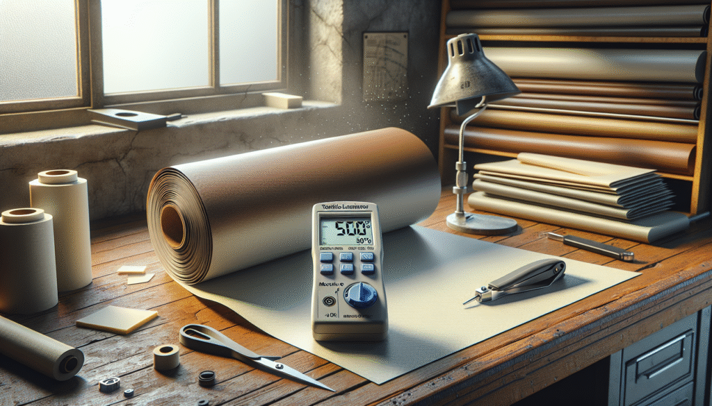 Moisture meter reading 50% RH next to textile laminate material and adhesive applicator, demonstrating proper humidity control for strong fabric adhesion.