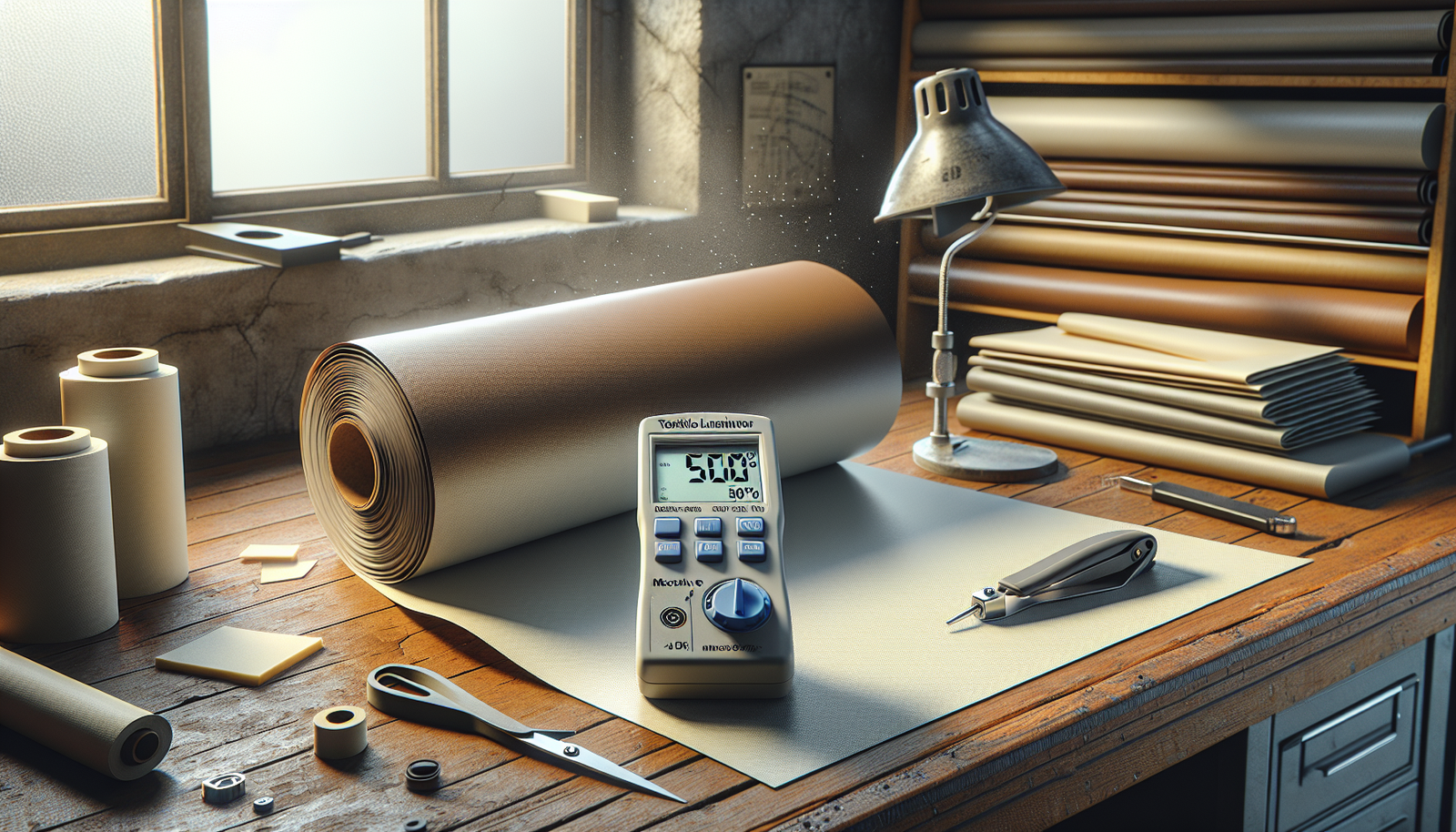 Moisture meter reading 50% RH next to textile laminate material and adhesive applicator, demonstrating proper humidity control for strong fabric adhesion.