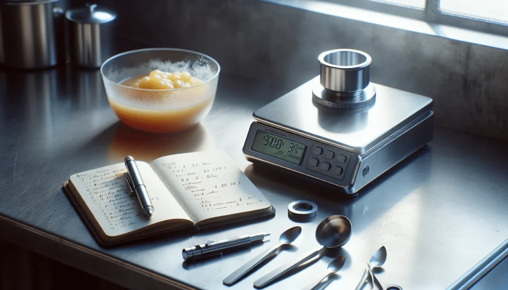 Professional food quality control workspace with a digital viscometer measuring the natural viscosity of fruit puree for baby food (MPASI) preparation.