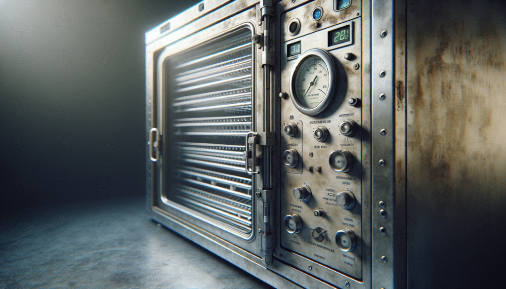 Unit pengeringan dan sterilisasi alat medis dengan panel kontrol, esensial untuk mutu dan kadar air.