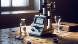 Refractometer digital di meja lab usang dengan sampel cairan, digunakan untuk kontrol kualitas minuman.