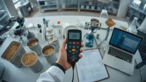 Peternak mengukur kadar air pakan ternak dengan moisture meter pada biji pakan untuk mencegah kerusakan dan jamur
