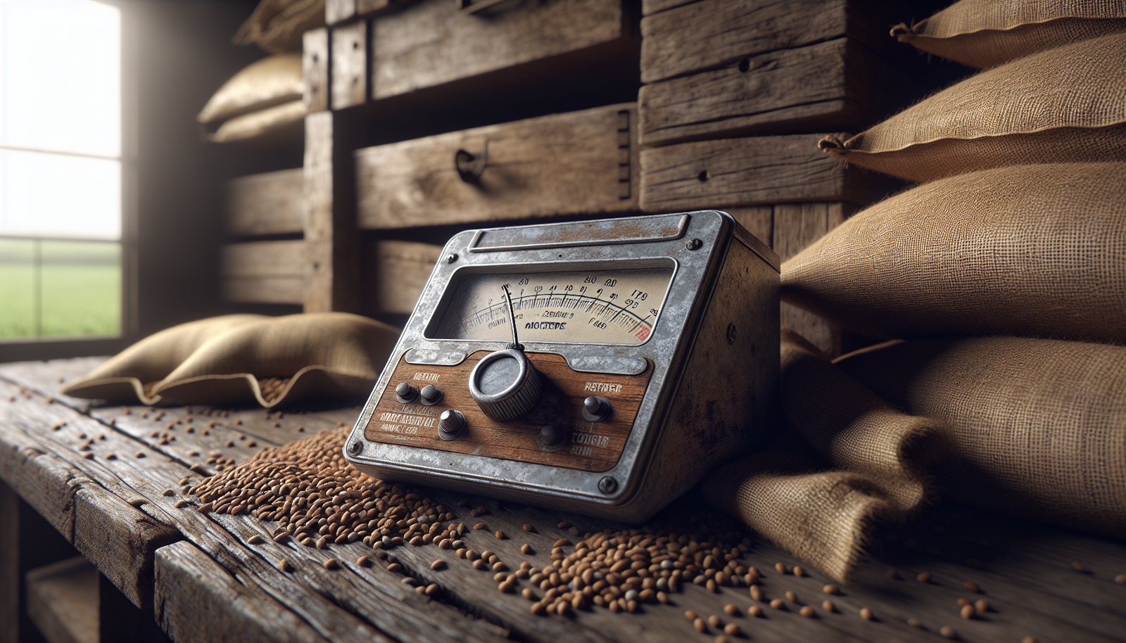 Weathered moisture meter on a rustic wooden workbench measuring animal feed moisture, surrounded by burlap sacks and grain in a feed storage area.