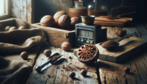 Close-up of a digital moisture meter and a split nutmeg fruit on a wooden table in a spice workshop, illustrating accurate moisture measurement for nutmeg and spices.