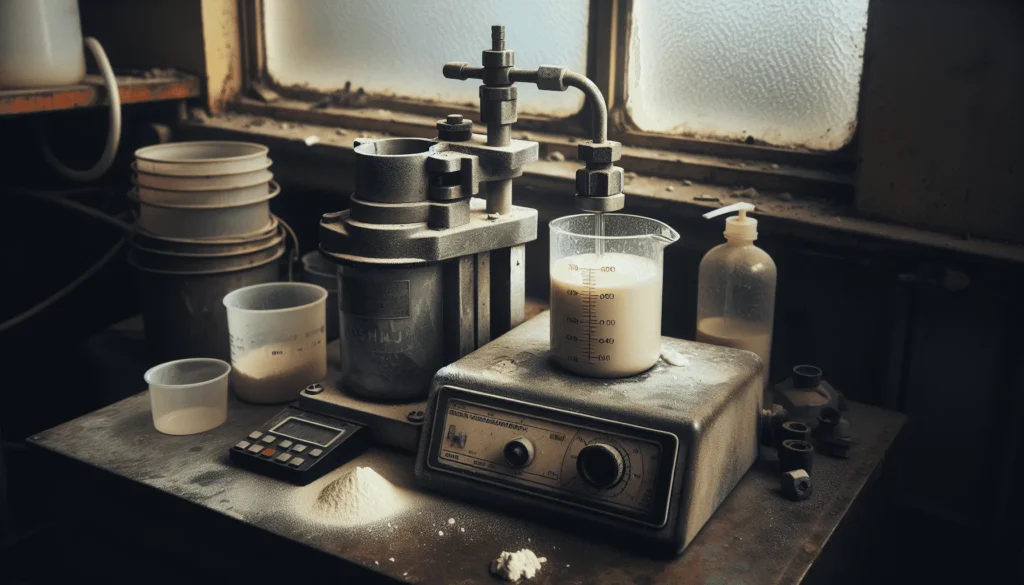 NDJ-8S viscometer measuring thick calcium carbonate slurry in a beaker on a worn lab bench with sample cup and timer.