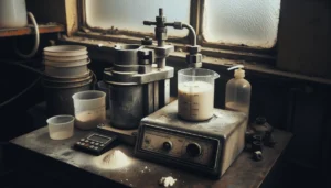 NDJ-8S viscometer measuring thick calcium carbonate slurry in a beaker on a worn lab bench with sample cup and timer.