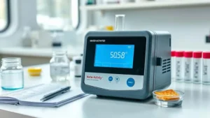 Praktisi QC mengukur water activity untuk kontrol kualitas pangan dan kosmetik menggunakan alat meter di laboratorium.