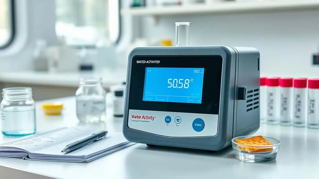 Praktisi QC mengukur water activity untuk kontrol kualitas pangan dan kosmetik menggunakan alat meter di laboratorium.