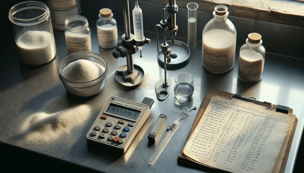 Close-up comparison of two pizza salt quality control methods: a handheld conductivity meter next to pizza salt on the left versus a classic glass titration setup on the right.