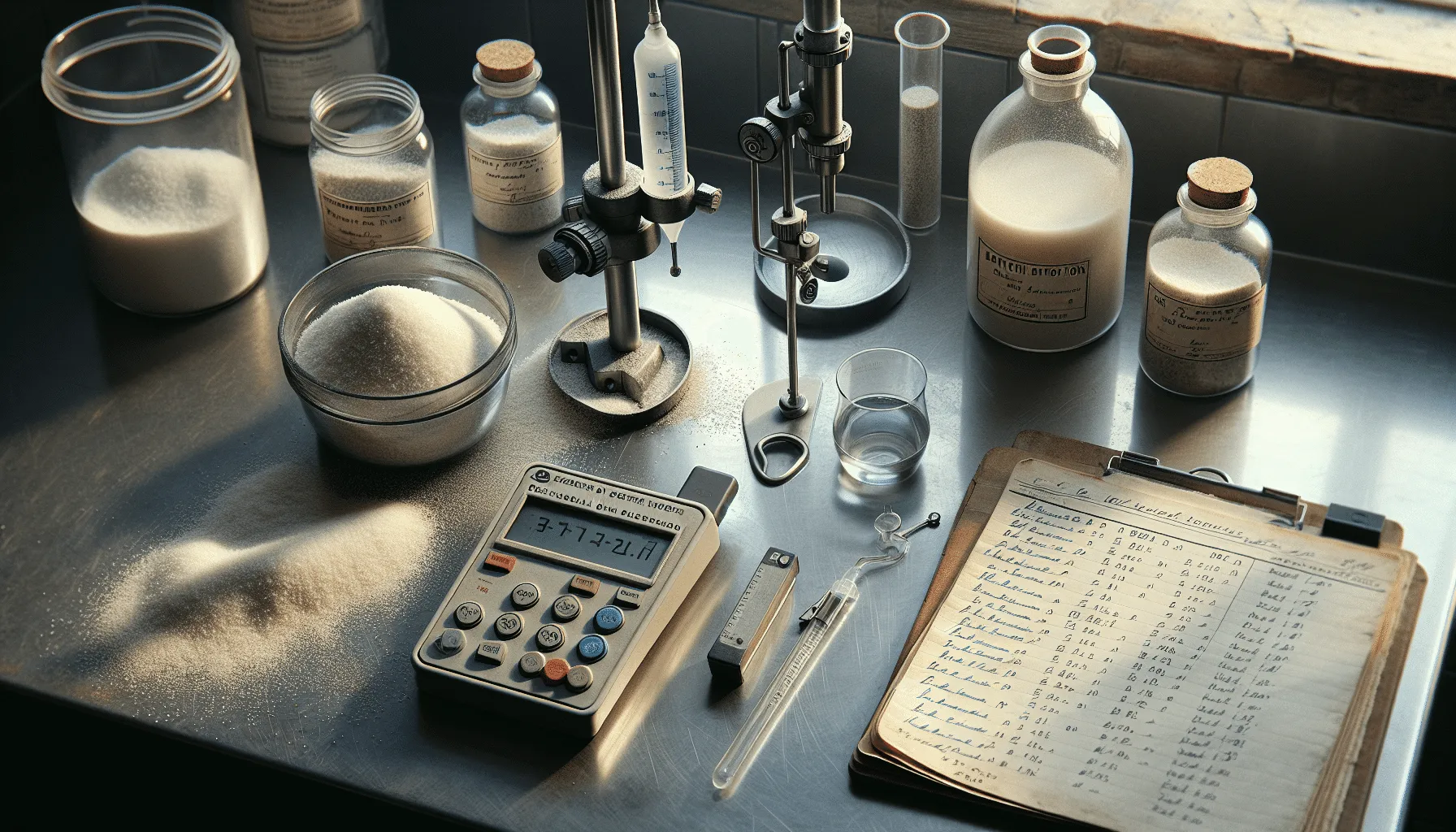 Close-up comparison of two pizza salt quality control methods: a handheld conductivity meter next to pizza salt on the left versus a classic glass titration setup on the right.