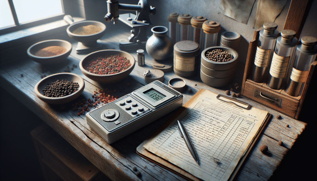 Digital moisture meter on a wooden table during a spice quality audit, measuring peppercorns and cloves.