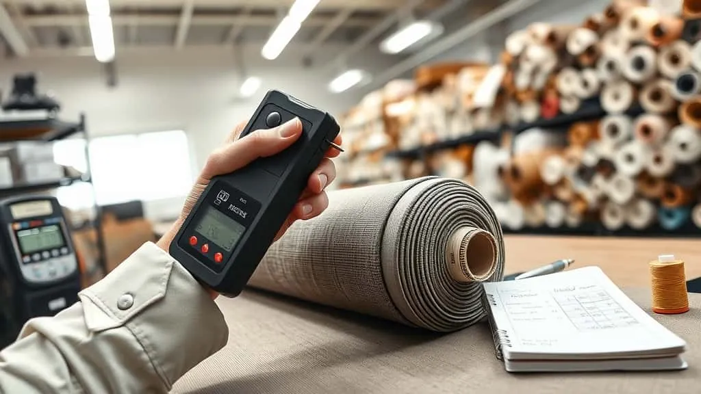 Teknik inspeksi menggunakan moisture meter kontak pada kain di ruang inspeksi tekstil yang terang.