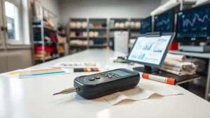 Mesin pengukur kelembaban kain di pabrik garmen dengan alat QC digital untuk mencegah cacat produk dan menjaga mutu skala bisnis