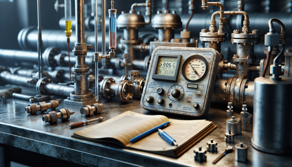 Weathered stainless steel water quality testing kit and digital dissolved oxygen meter on a data center cooling system maintenance workbench for monitoring DO and BOD levels.